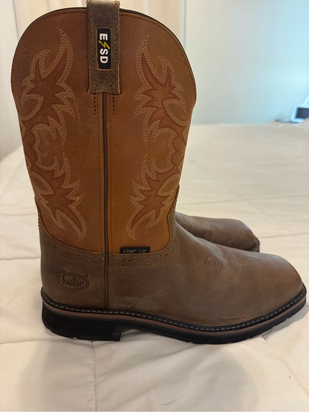 Justin Boots Two-Tone Brown Comp Toe ESD Western Work Boots